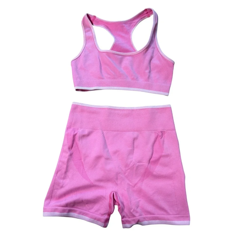Seamless Pink Ribbed Activewear Set Sports Bra and High Waist Shorts Gym S